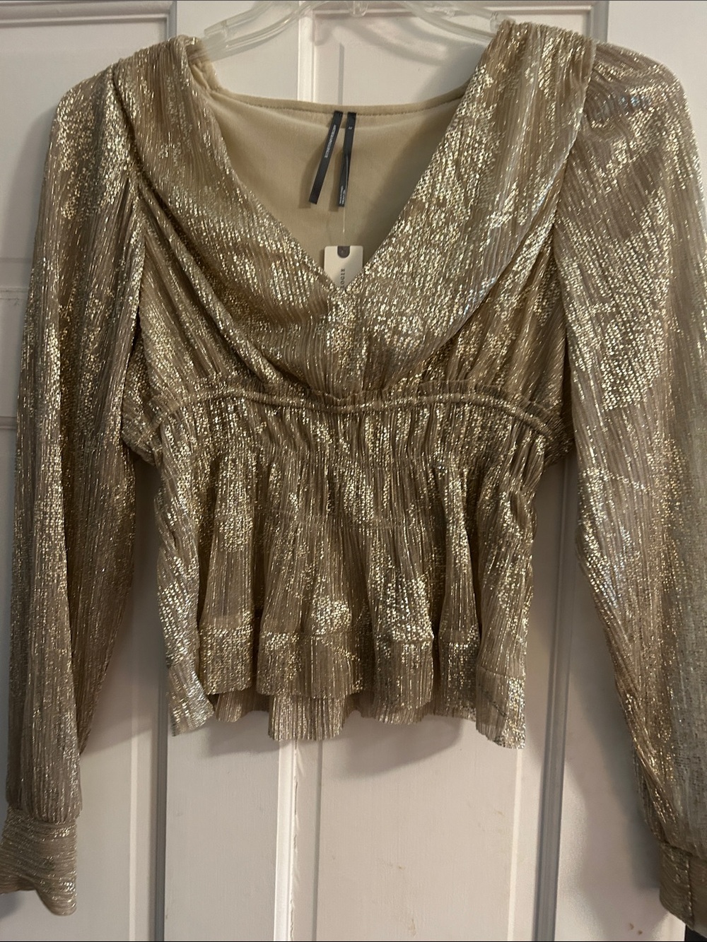 Anthropologie Metallic Gold Ruffled Peplum Blouse